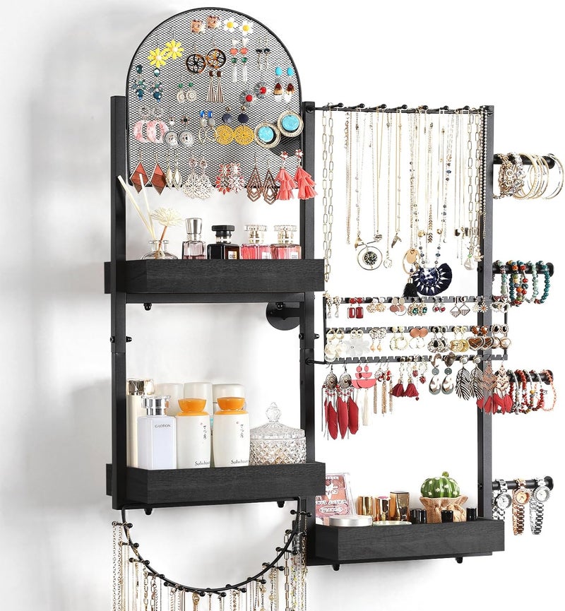Keebofly Wall Mount Hanging Jewelry Organizer - Large Display Holder for Earrings, Rings, Necklaces, Bracelets, Watches and Perfume - Black - Image 1